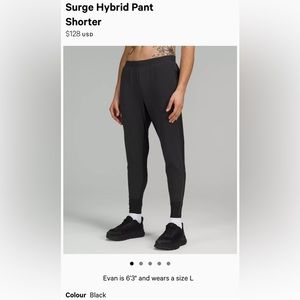 Mens Lululemon Surge Hybrid Pants Shorter Black